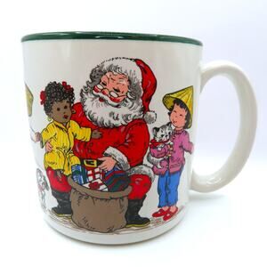 1992 Potpourri Press Peace on Earth Mug Christmas Santa Kids Multicultural Green